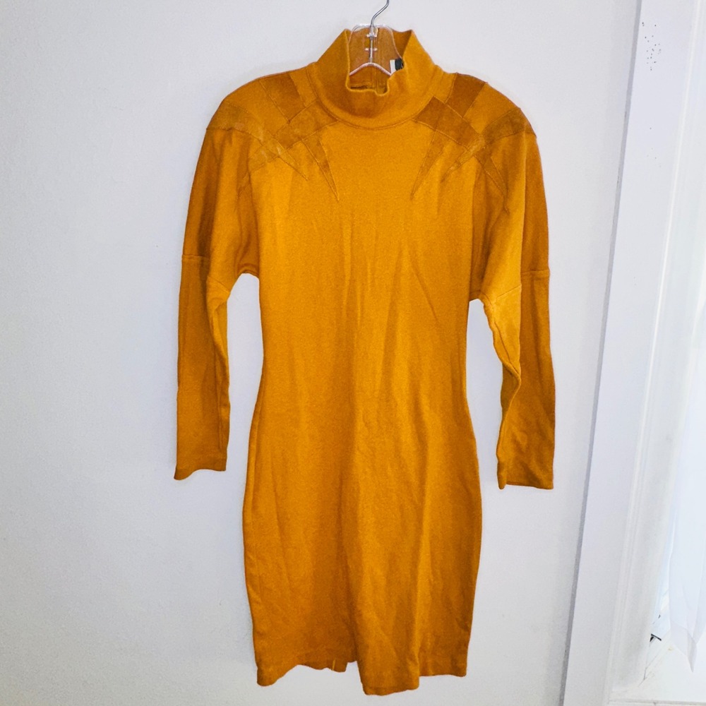 Vintage Xabia Los Angeles Mustard Yellow Suede Trim Mock Neck Knit Dress Medium